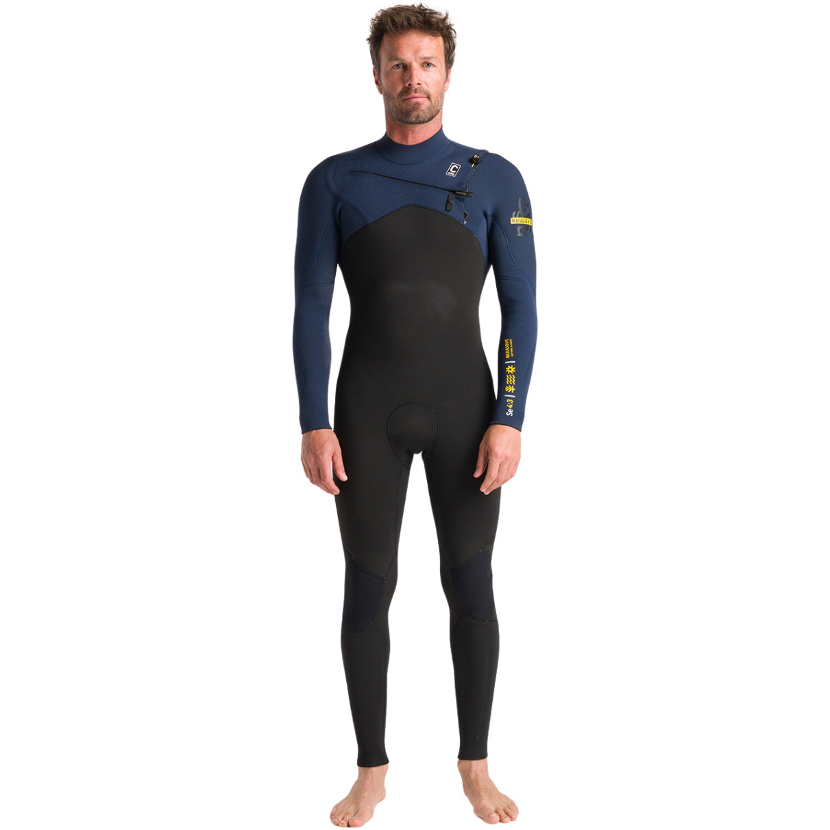 2025 C-Skins Mens NuWave Session 4/3mm Chest Zip Wetsuit C-NSE43MCZ - Black / Bluestone X / Saffron